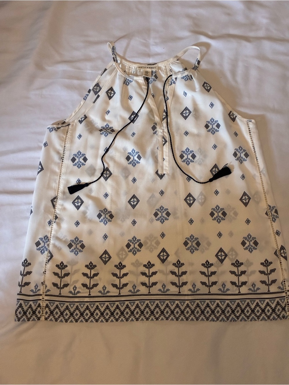 Women's Cream Halter Tank Top with Navy Embroidery